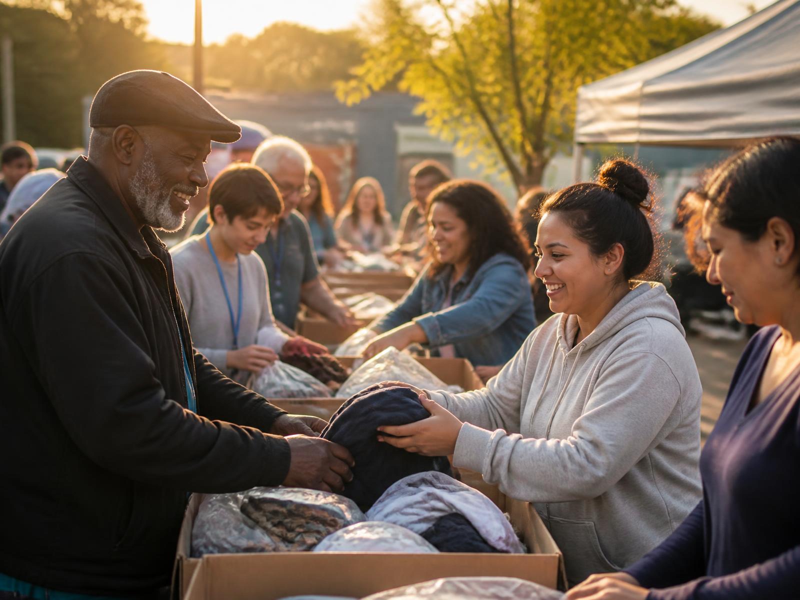 Neighbors volunteering together at a community clothing and food drive