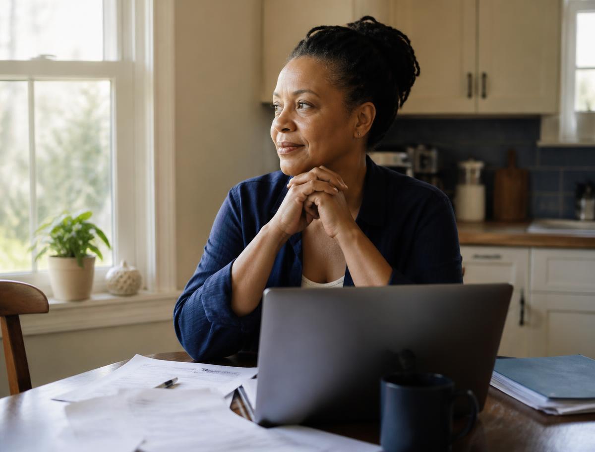 A person reviewing paperwork at home with a calm, hopeful expression